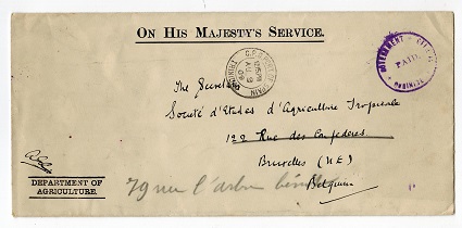 TRINIDAD AND TOBAGO - 1909 OHMS cover to Belgium with GOVERNEMNT OFFICIAL/PAID h/s in violet.