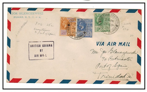 BRITISH GUIANA - 1929 first flight cover to Trinidad and Tobago.