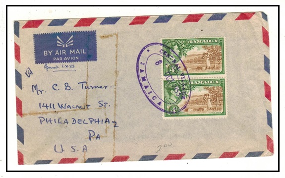 JAMAICA - 1953 8d rate cover to USA used at CENTRAL VILLAGE.