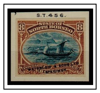 NORTH BORNEO - 1894 8c IMPERFORATE COLOUR TRIAL (SG type 29) handstamped WATERLOW & SONS LTD.