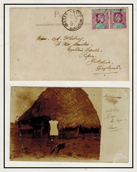 SOUTHERN NIGERIA - 1909 1/2d (x2) N.Nigeria unaccepted postage use postcard to UK from IBADAN.
