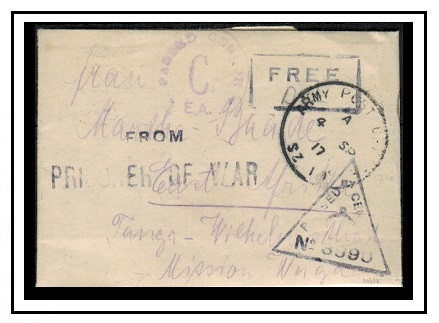 TANGANYIKA - 1917 PRISONER OF WAR stampless cover struck FREE with PASSED CENSOR/C/EA h/s.