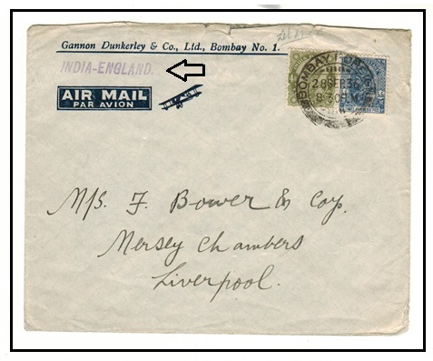 INDIA - 1936 7a6p rate air mail cover to UK struck 