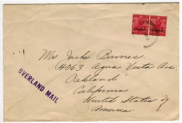 BAHRAIN - 1938 OVERLAND MAIL hand stamped cover to USA.