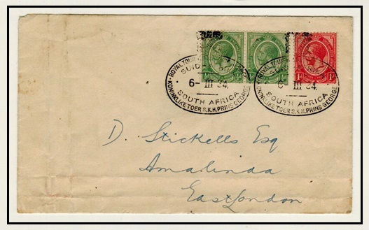 SOUTH AFRICA - 1934 2d rate local cover cancelled ROYAL TOUR H.R.H.PRINCE GEORGE.