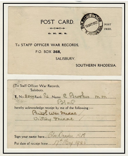 RHODESIA - 1922 use of OHMS acknowledgement postcard cancelled BULAWAYO STATION.