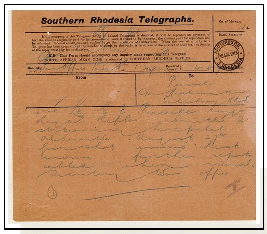 RHODESIA - 1916 use of SOUTHERN RHODESIA TELEGRAPHS form used at ARCTURUS.