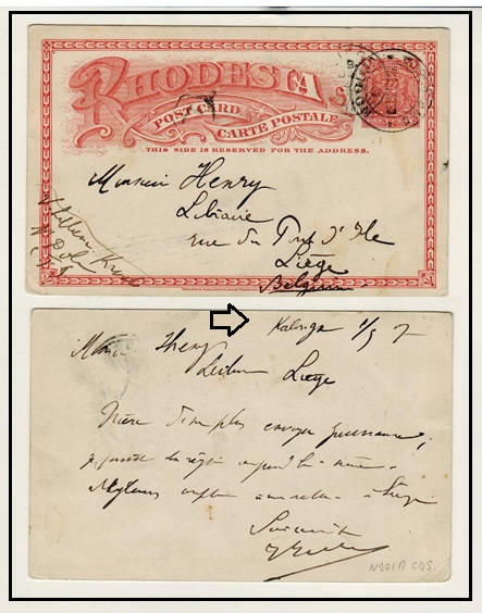 RHODESIA - 1900 1d brick red PSC to Belgium used at NDOLA.  H&G 11.