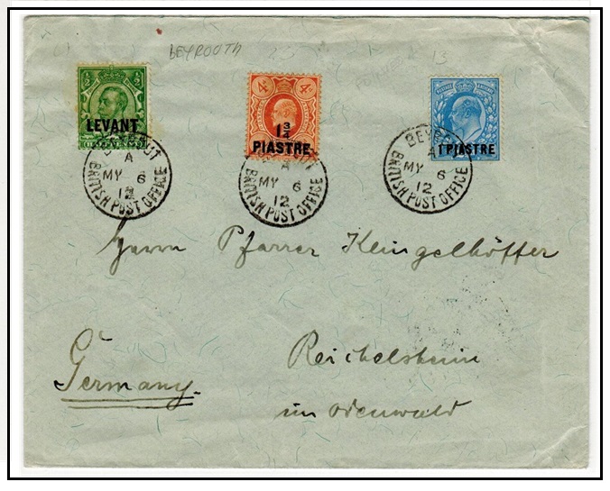 BRITISH LEVANT - 1912 multi franked combination cover to Germany used at BPO/BEYROUT.