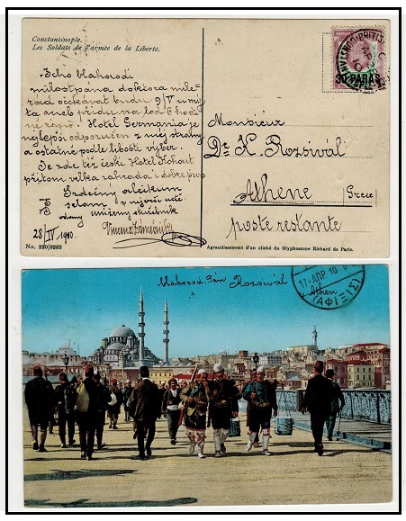 BRITISH LEVANT - 1910 30 paras on 1 1/2d rate postcard to Greece used at BPO/CONSTANTINOPLE.
