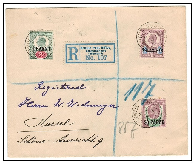 BRITISH LEVANT - 1910 combination currency registered cover to Germany used at CONSTANTINOPLE.