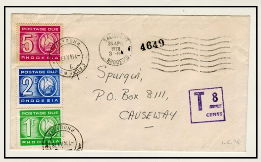 RHODESIA - 1978 stampless local cover with 1c,2c and 5c postage dues added at CAUSEWAY.