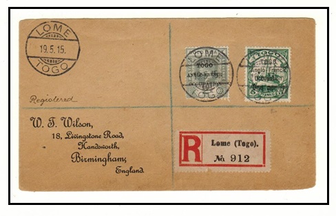 TOGO - 1915 registered cover with 1d/5pfg and 2d grey (small F - H&G 36a) used at LOME/TOGO.