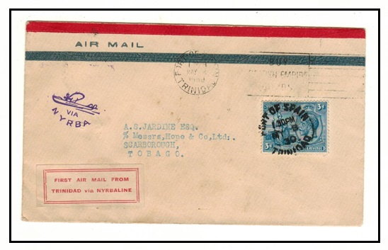 TRINIDAD AND TOBAGO - 1930 3d rate first flight cover to Tobago.