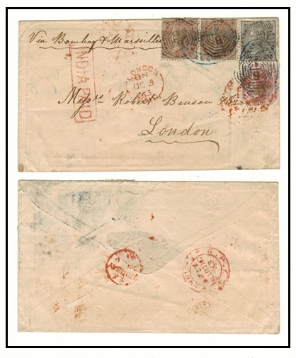 INDIA - 1863 tri coloured franked cover  to UK struck INDIA PAID in red.
