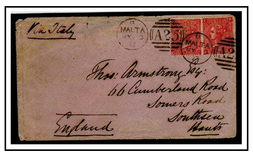 MALTA - 1873 cover to UK with GB 4d vermilion (x2) tied 