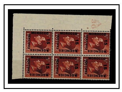 MOROCCO AGENCIES - 1936 15c on 1/2d red-brown A/36 PLATE 2 fine mint block of six.  SG 228.