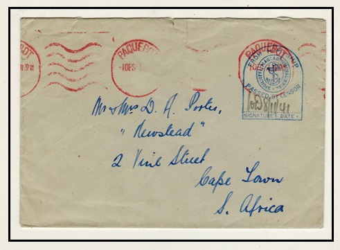 SOUTH AFRICA - 1941 ship censored PAQUEBOT cover to Cape Town.
