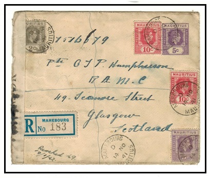 MAURITIUS - 1938 5c violet PSE registered and censored uprated use at MAHEBOURG. H&G 46.