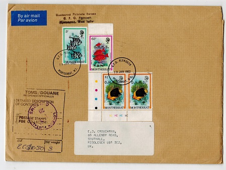 MONTSERRAT - 1982 cover to UK bearing 5c,65c and $1 pair of the OHMS adhesives.