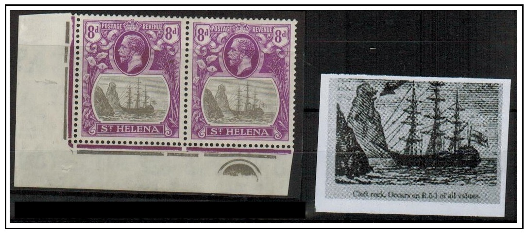 ST.HELENA - 1922-37 8d grey and bright violet fine mint pair with CLEFT ROCK variety.  SG 105c.