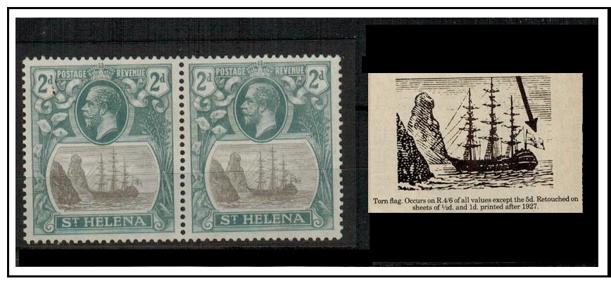 ST.HELENA - 1922-37 2d grey and slate fine mint pair with TORN FLAG variety.  SG 100b.