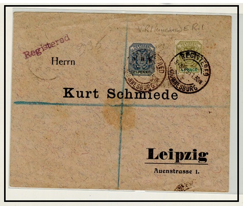 TRANSVAAL - 1903 2 1/2d VRI + 4d E.R.I. registered dual reign cover to Germany.
