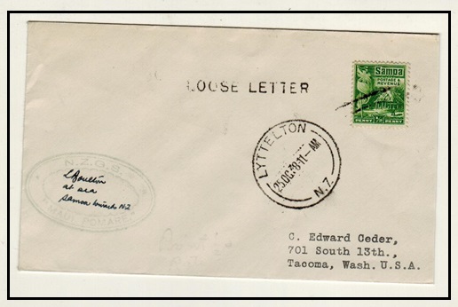 SAMOA - 1938 1/2d rate LOOSE LETTER ship mail to USA.