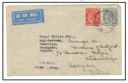 K.U.T. - 1934 65c rate cover to Canada used at NAIROBI struck PAR AVION/JUSQU