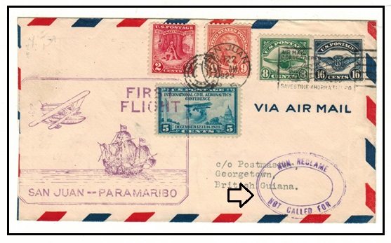 BRITISH GUIANA - 1929 inward first flight cover from USA struck 
