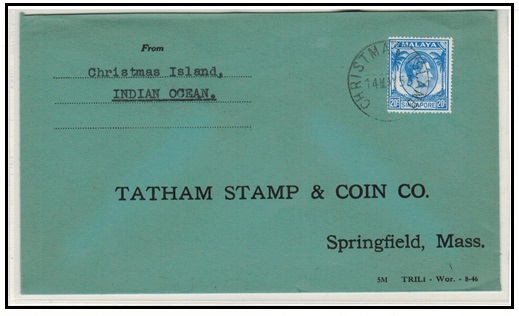 CHRISTMAS ISLAND - 1954 20c rate cover to USA.