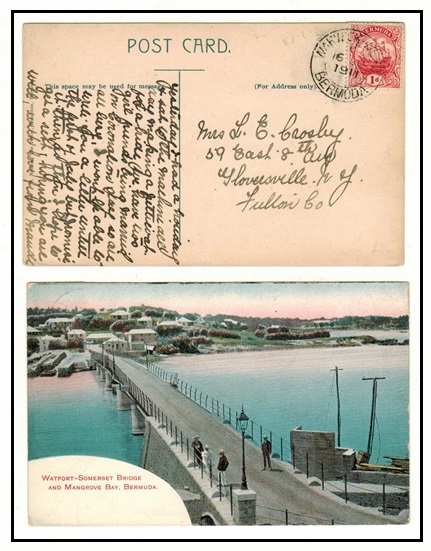 BERMUDA - 1911 1d rate postcard to USA used at WARWICK WEST.