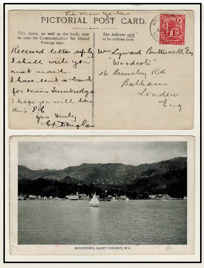 ST.VINCENT - 1912 1d rate postcard use to UK used at KINGSTOWN.