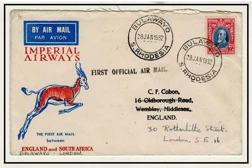 SOUTHERN RHODESIA - 1932 first flight cover from Bulawayo to London.