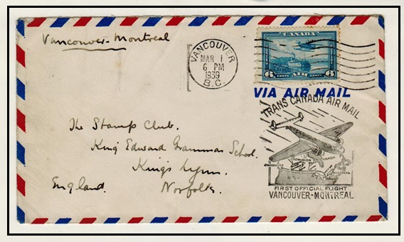 CANADA - 1939 VANCOUVER to MONTREAL first flight cover.