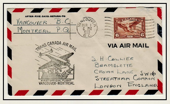 CANADA - 1939 VANCOUVER to MONTEAL first flight cover.
