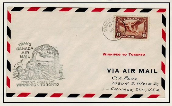 CANADA - 1939 WINNIPEG to TORONTO first flight cover.