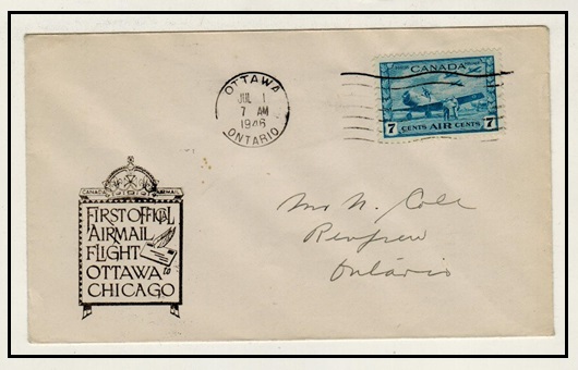 CANADA - 1939 OTTAWA to CHICAGO first flight cover.