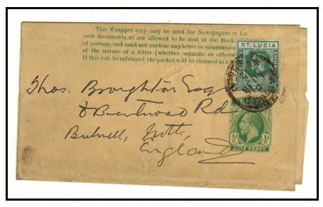 ST.LUCIA - 1912 1/2d green uprated postal stationery wrapper to UK.  H&G 5.
