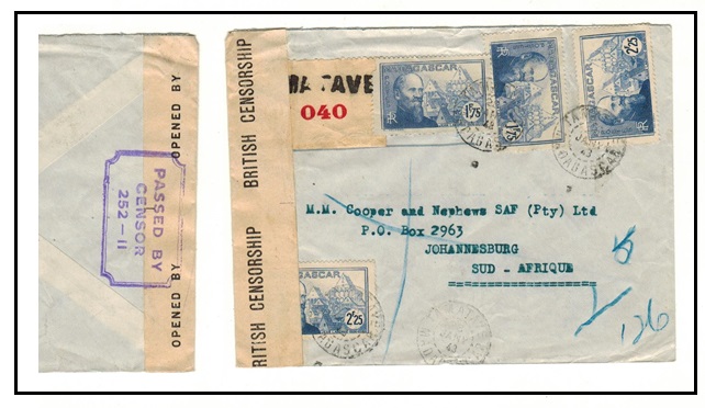 MADAGASCAR - 1943 cover to South Africa with BRITISH CENSORSHIP censor label.
