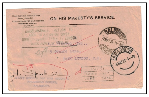 SOUTHERN RHODESIA - 1923 undelivered O.H.M.S. cover struck PARTI/GONE AWAY.