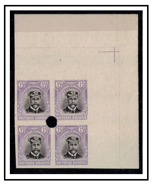 SOUTHERN RHODESIA - 1924 6d (SG type 1) IMPERFORATE PLATE PROOF block of four.