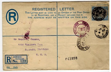 DOMINICA - 1930 use of FORMULA registered envelope from PORTSMOUTH.
