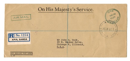 SAMOA - 1952 OFFICIAL/APIA/P&T/PAID registered cover to USA from APIA.