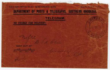 SOUTHERN RHODESIA - 1943 TELEGRAPH envelope from ARCTURUS.