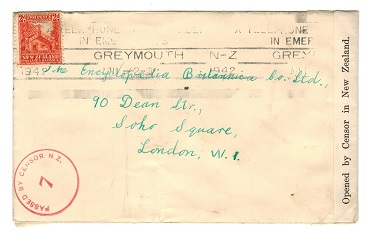 NEW ZEALAND - 1942 censor cover to UK with PASSED BY CENSOR 7 h/s in red.