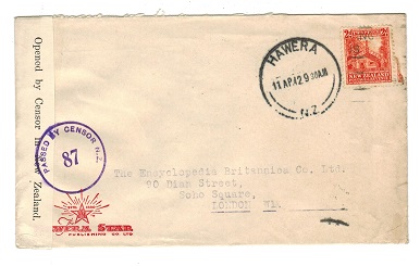 NEW ZEALAND - 1942 censor cover to UK with PASSED BY CENSOR 87 h/s in violet.
