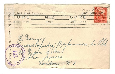 NEW ZEALAND - 1942 censor cover to UK with PASSED BY CENSOR 132 h/s in violet.
