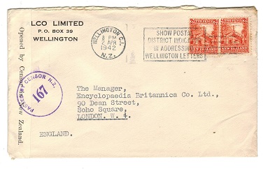 NEW ZEALAND - 1942 censor cover to UK with PASSED BY CENSOR 167 h/s in violet.

