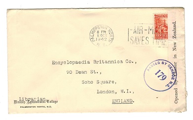 NEW ZEALAND - 1942 censor cover to UK with PASSED BY CENSOR 179 h/s in violet.
